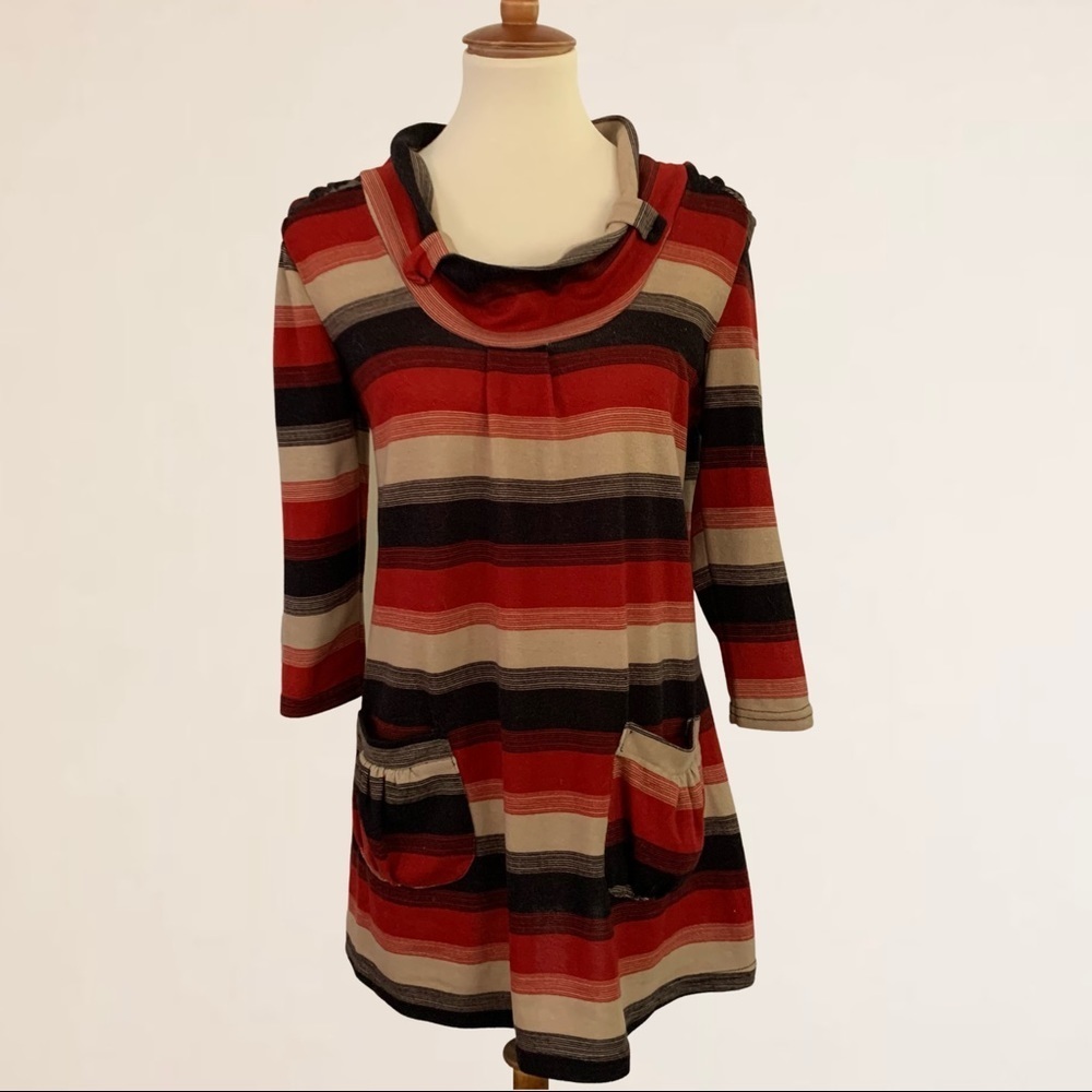 Young Threads Striped Sweater Tunic Cowl Neck Button Details Front Pocke…